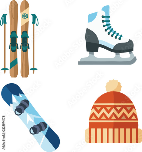 A flat vector illustration set of four winter sports items: skis with poles, an ice skate, a snowboard, and a knitted beanie hat. All items are isolated on a white background.