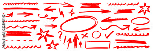 Highlight marker doodle arrow line set. Hand drawn highlight marker doodle pen scribble box circle check lightning. Bold red poster flyer sale tag texture background. Vector illustration