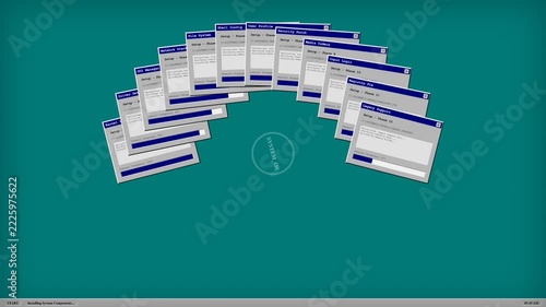 Abstract retro computer operating system fan display with multiple classic software dialog boxes on green background