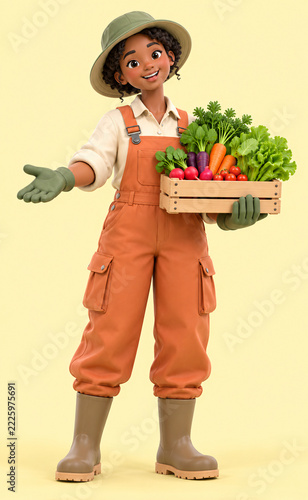 Friendly 3D farmer character holding fresh harvested vegetables basket Happy 3D gardener character presenting wooden box of organic vegetables. Generative AI