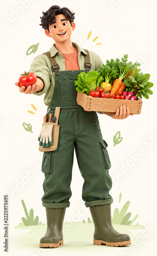 Friendly 3D farmer character holding fresh harvested vegetables basket Happy 3D gardener character presenting wooden box of organic vegetables. Generative AI