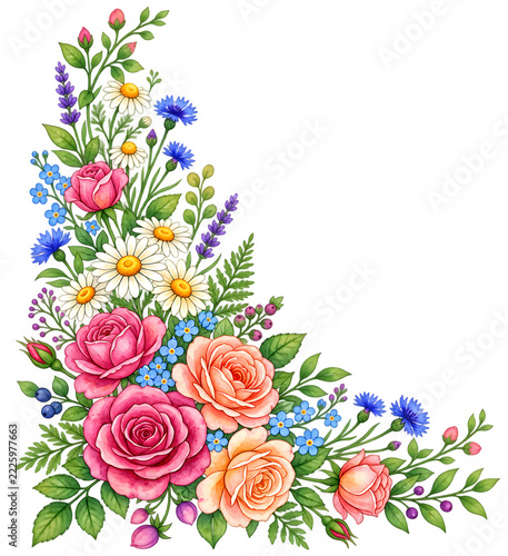 Floral Corner Arrangement with Roses Daisies and Wildflowers