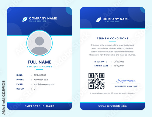 Royal Blue employee id card template, front and back, circles portrait design