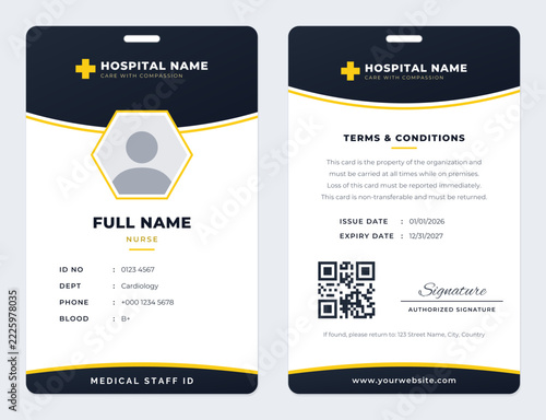 Black Yellow medical staff id template, front and back, curve portrait design