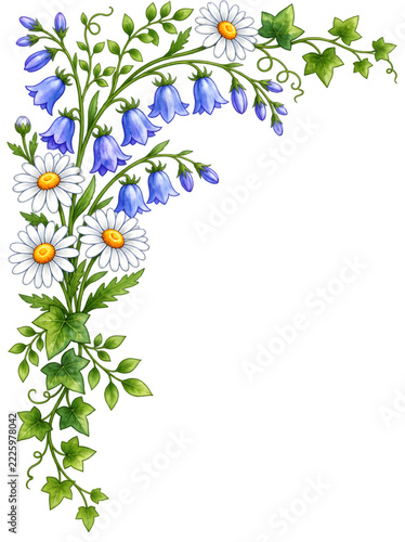 Floral Corner Border with Blue Bellflowers and White Daisies