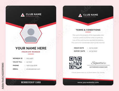 Red Black membership card template, front and back, chevron portrait design