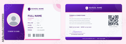 Purple Pink student id card template, front and back, split landscape design