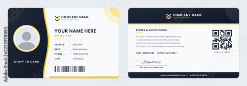 Black Yellow staff id card template, front and back, wave landscape design