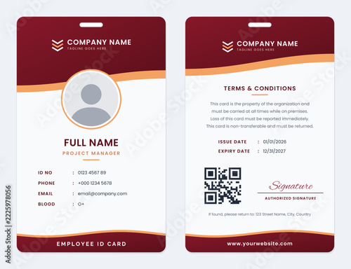 Maroon Peach employee id card template, front and back, split portrait design