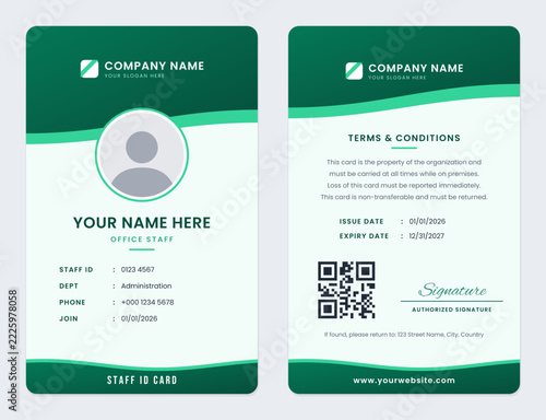 Green Teal staff id card template, front and back, split portrait design
