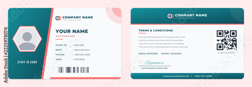 Teal Coral staff id card template, front and back, diagonal landscape design