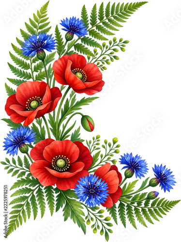 Red Poppies and Blue Cornflowers Floral Corner Border Illustration