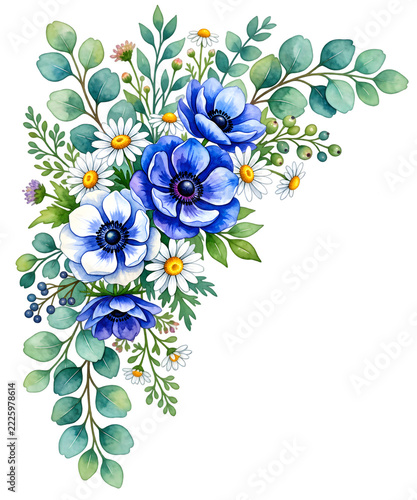 Watercolor Blue Anemone and White Daisy Floral Corner Bouquet