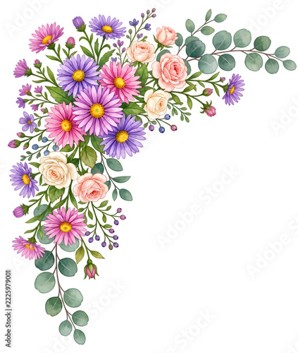 Watercolor Floral Corner Frame with Roses and Daisies