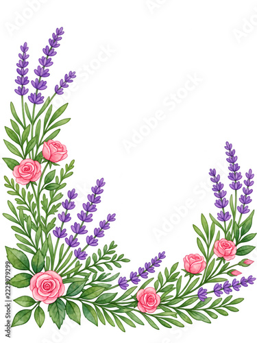 Watercolor pink roses and lavender floral corner frame border