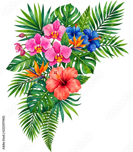 Watercolor Tropical Floral Bouquet with Hibiscus and Palm Leaves