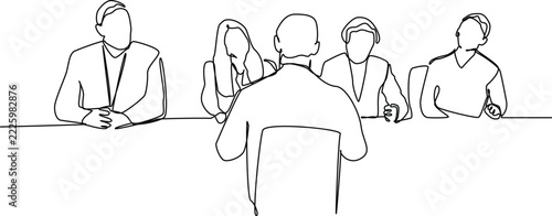 Continuous one line art of young interviewee being interviewed by some company managers for job vacancy. Job interview process concept.