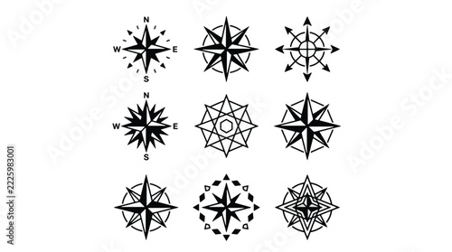 Set of black nautical compass rose symbols for navigation