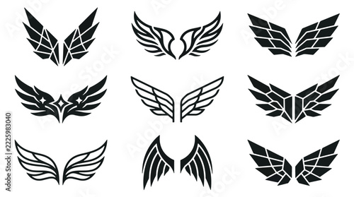 Nine black wing silhouettes for logo and tattoo designs