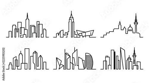 Minimalist black line drawing of various modern city skylines