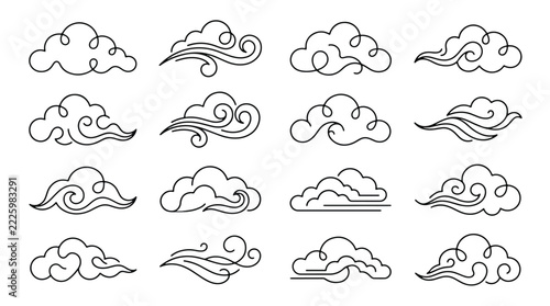 Minimalist black line art clouds and wind swirl icons