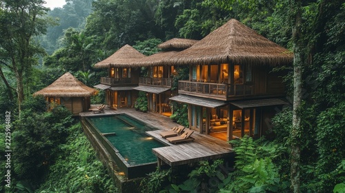 Luxury Wooden Bungalows With Thatch Roofs And Swimming Pool Hidden In A Lush Green Tropical