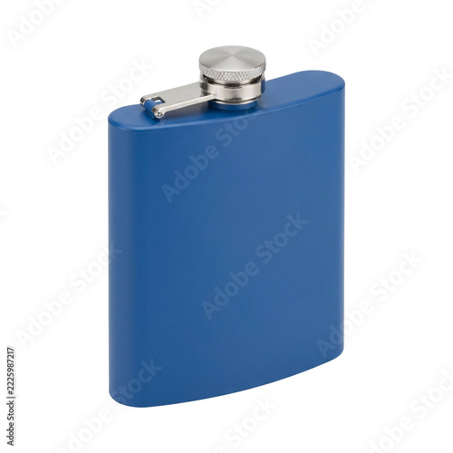 Blue powder-coated steel hip flask with a curved flat body and a brushed steel screw cap on a hinged strap, isolated on transparent background