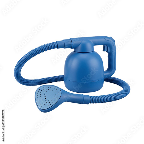 Blue handheld garment fabric steamer with a rounded water tank, a pistol grip handle, a flexible ribbed hose and a perforated steam head, isolated on transparent background