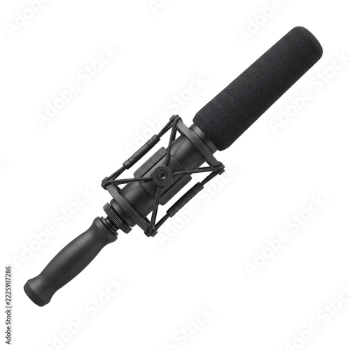 Black shotgun boom microphone with a foam windscreen, an elastic shock mount cradle and a handle grip, isolated on transparent background