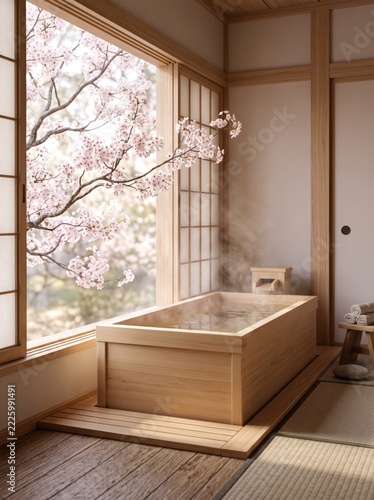 Tranquil zen spa interior with wooden bathtub and blooming cherry blossom branches at window