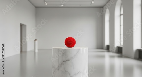 Minimalist red sphere on a marble pedestal in an empty modern art gallery exhibition