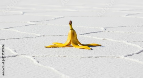 A single yellow banana peel sitting alone on the vast white salt flats of Salar de Uyuni