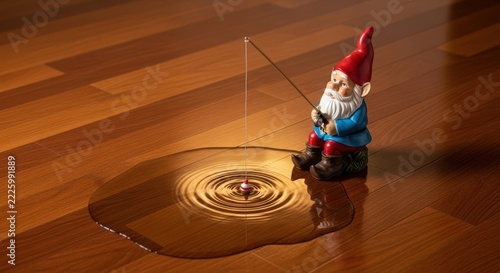 Garden Gnome Fishing in a Puddle on Wooden Floor