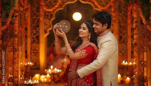 Indian couple celebrating karva chauth festival with lights and decorations