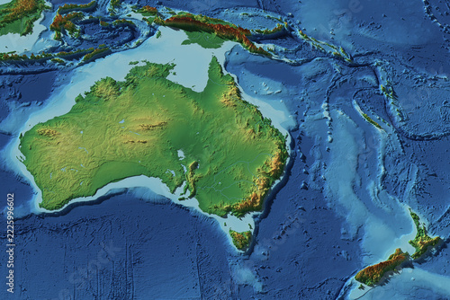 Australia and New Zealand 3D relief panorama with ocean floor