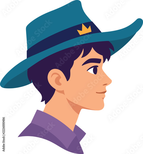 Cute Cartoon Male Explorer in Teal Adventure Hat, Flat Vector Illustration
