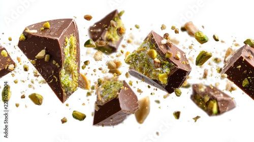 Chocolate Covered Pistachio Filled Chocolate Bar Pieces Exploding with Crushed Nuts and Creamy Filling isolated on white background