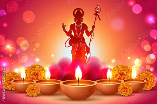 Fiery devotional scene features a silhouette of a divine figure holding a trident over lit clay lamps and marigold flowers.