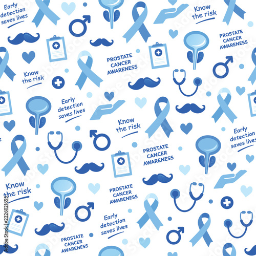 A light blue and white repeating seamless pattern featuring prostate cancer awareness ribbons, medical symbols, moustaches, and supportive messages promoting early detection and men’s health awareness