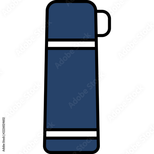 A graphic vector illustration of a navy blue thermos flask featuring bold white stripes and thick black outlines, isolated against a solid black backdrop.