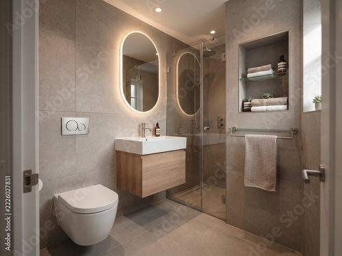 Compact Luxury Bathroom with Gray Stone Tiles and Backlit Mirror