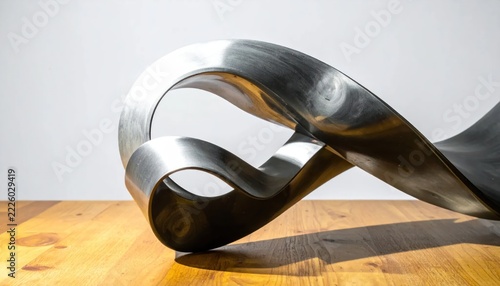Abstract Metal Sculpture on Wooden Surface - A Study in Curves and Light.