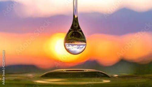 Water droplet reflecting sunset, capturing natures beauty and tranquility.