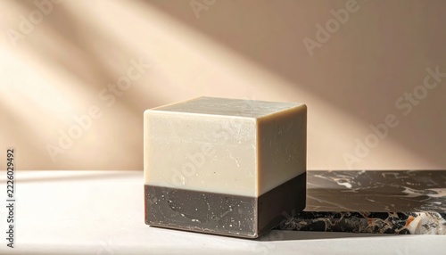 Minimalist Soap Bar with Natural Light and Shadow on Beige Background.