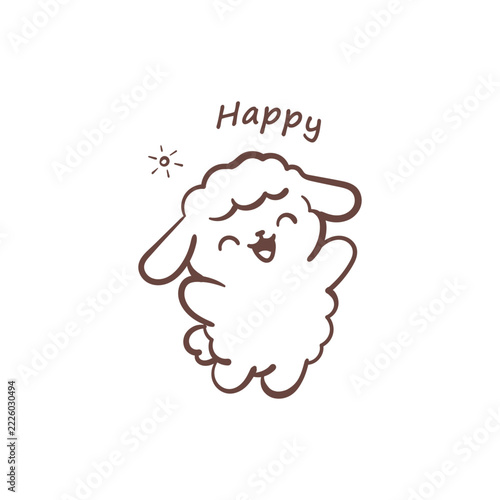 Cute happy sheep character with a cheerful smile, closed eyes and playful expression. Hand drawn brown line art isolated on a white background, kawaii animal illustration.