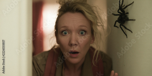A startled woman with wide eyes and an open mouth looks at a spider on the wall. The woman has blonde hair tied up in a bun and is wearing a light brown jacket