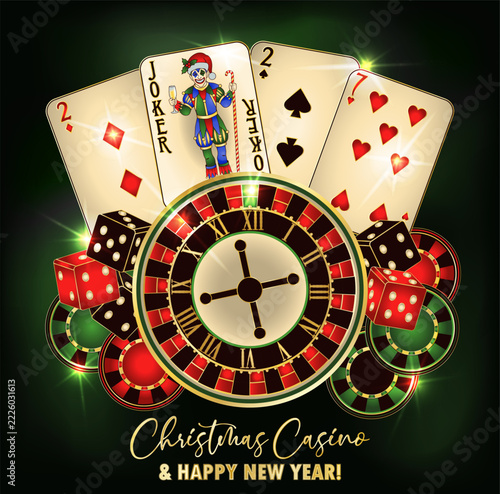 Christmas casino poker cards with joker, New 2027 year banner, vector illustration