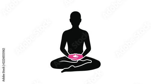 Peaceful meditation vector illustration featuring human silhouette sitting in lotus pose with glowing pink hands