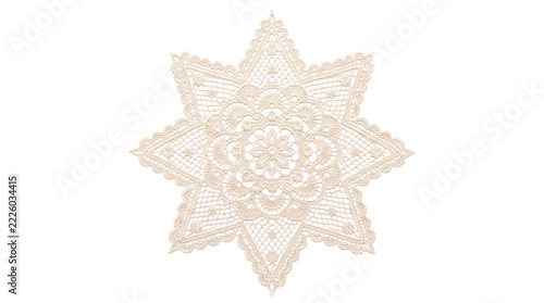 Eight point star vintage crochet lace doily isolated, delicate ivory handmade geometric textile ornament on transparent background