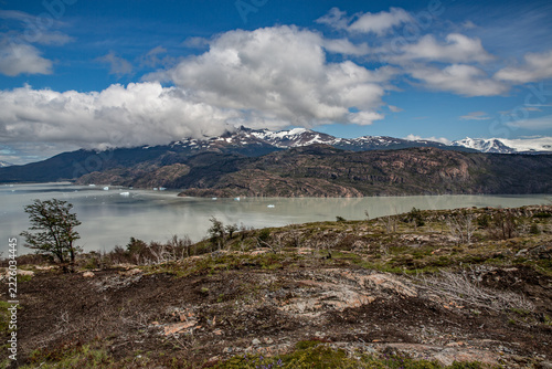 Scenic view of torres del paine national park with snow-capped mountains and blue lake in patagonia
